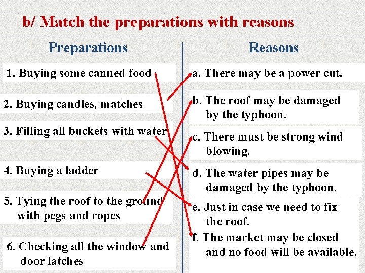 b/ Match the preparations with reasons Preparations Reasons 1. Buying some canned food a.