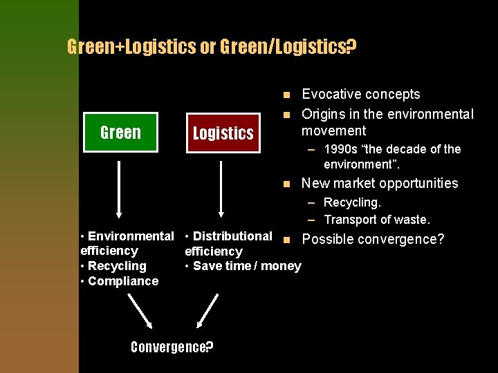 Green+Logistics or Green/Logistics? n n Green Logistics Evocative concepts Origins in the environmental movement