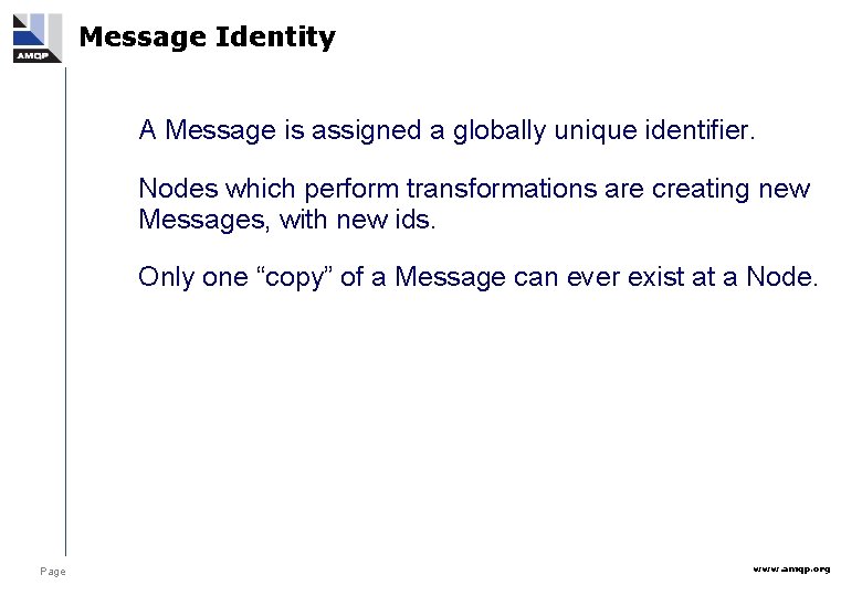 Message Identity A Message is assigned a globally unique identifier. Nodes which perform transformations