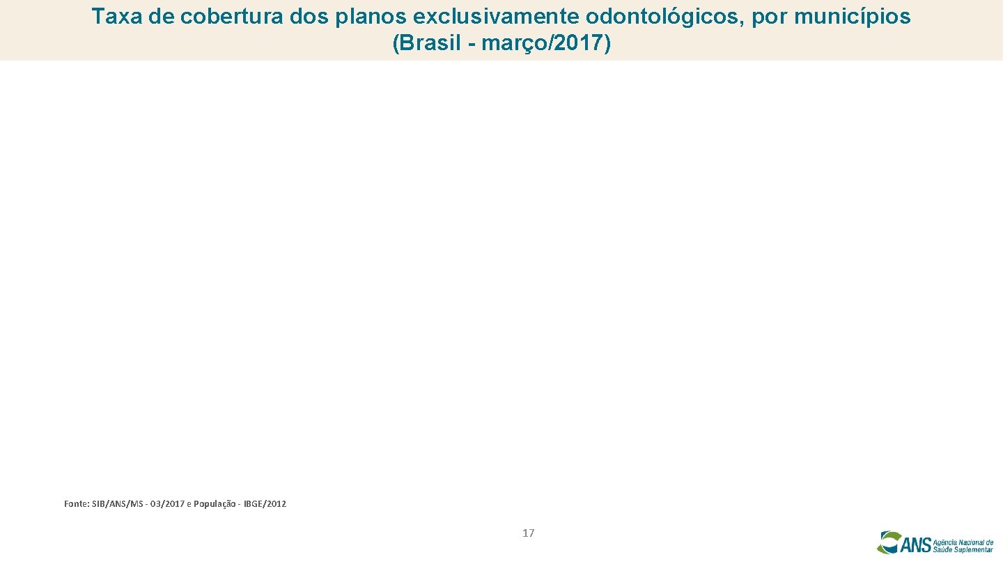 Taxa de cobertura dos planos exclusivamente odontológicos, por municípios (Brasil - março/2017) Fonte: SIB/ANS/MS