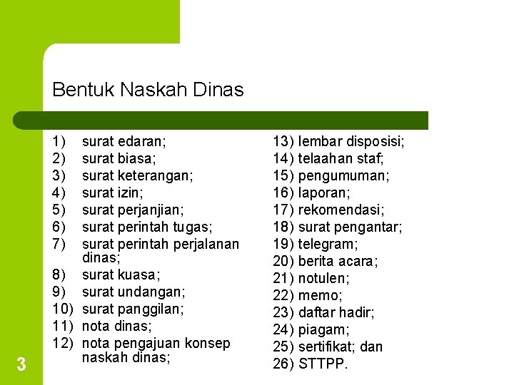 Bentuk Naskah Dinas 1) 2) 3) 4) 5) 6) 7) 3 surat edaran; surat