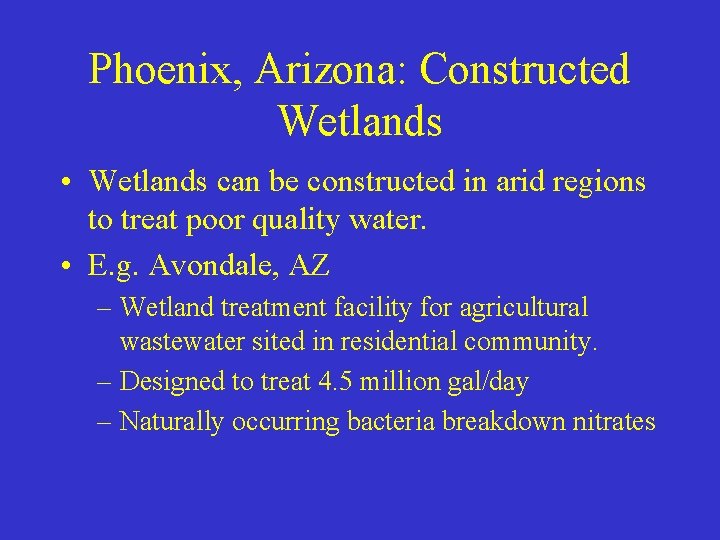 Phoenix, Arizona: Constructed Wetlands • Wetlands can be constructed in arid regions to treat