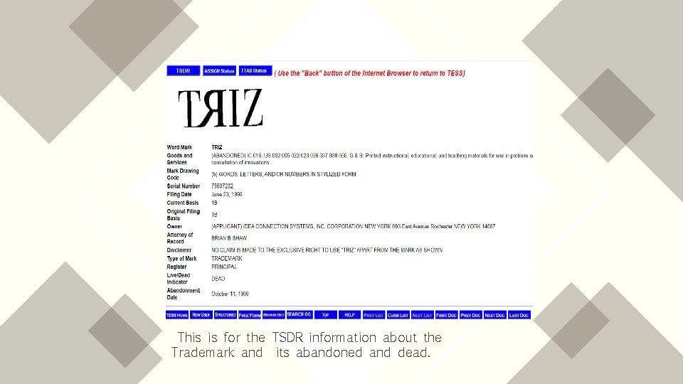 This is for the TSDR information about the Trademark and its abandoned and dead.