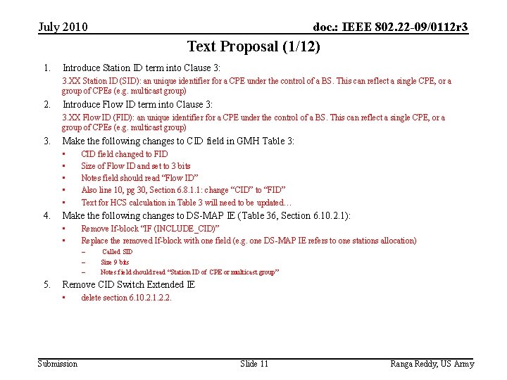 July 2010 doc. : IEEE 802. 22 -09/0112 r 3 Text Proposal (1/12) 1.
