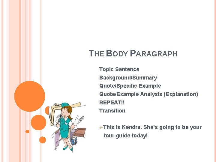 THE BODY PARAGRAPH Topic Sentence Background/Summary Quote/Specific Example Quote/Example Analysis (Explanation) REPEAT!! Transition ßThis