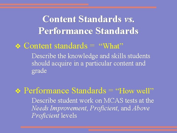Content Standards vs. Performance Standards v Content standards = “What” Describe the knowledge and