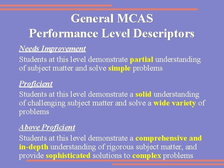 General MCAS Performance Level Descriptors Needs Improvement Students at this level demonstrate partial understanding