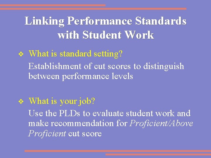 Linking Performance Standards with Student Work v What is standard setting? Establishment of cut
