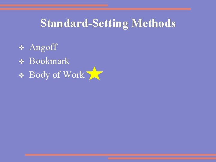 Standard-Setting Methods v v v Angoff Bookmark Body of Work 