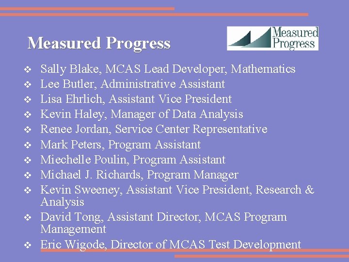 Measured Progress v v v Sally Blake, MCAS Lead Developer, Mathematics Lee Butler, Administrative
