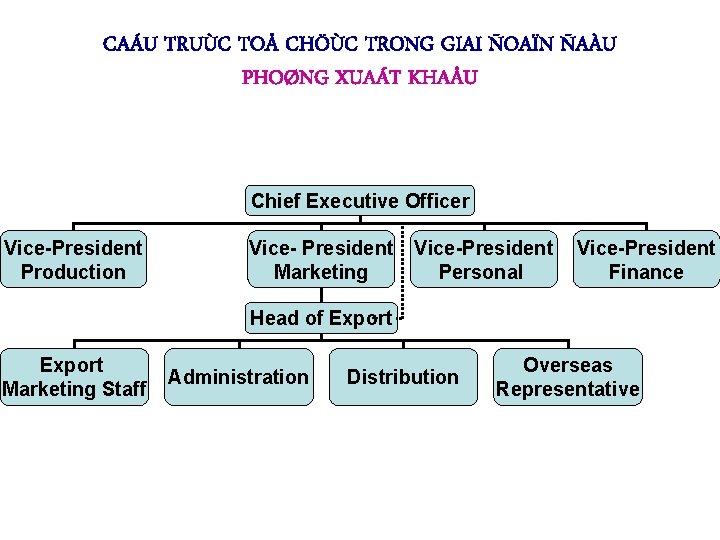 CAÁU TRUÙC TOÅ CHÖÙC TRONG GIAI ÑOAÏN ÑAÀU PHOØNG XUAÁT KHAÅU Chief Executive Officer