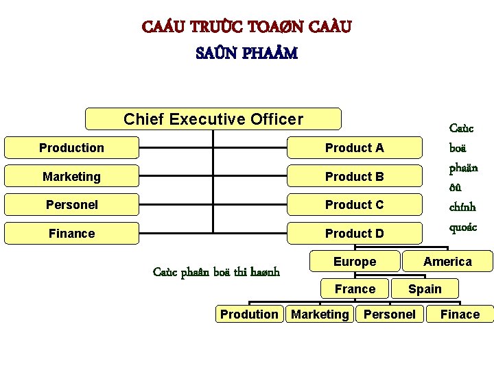 CAÁU TRUÙC TOAØN CAÀU SAÛN PHAÅM Chief Executive Officer Production Product A Marketing Product