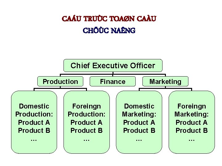 CAÁU TRUÙC TOAØN CAÀU CHÖÙC NAÊNG Chief Executive Officer Production Domestic Production: Product A