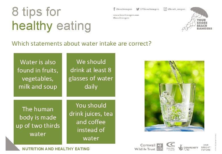 8 tips for healthy eating Which statements about water intake are correct? Water is