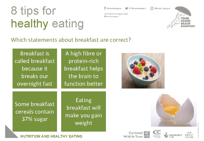 8 tips for healthy eating Which statements about breakfast are correct? Breakfast is called
