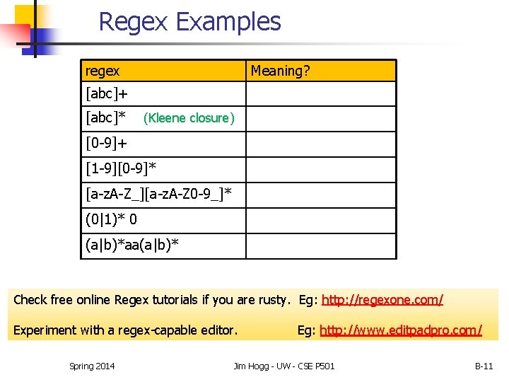 Regex Examples regex Meaning? [abc]+ [abc]* (Kleene closure) [0 -9]+ [1 -9][0 -9]* [a-z.