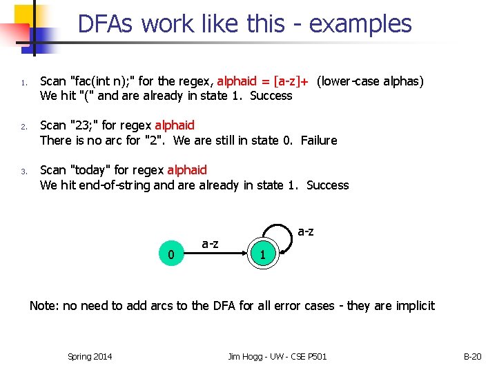 DFAs work like this - examples 1. 2. 3. Scan "fac(int n); " for DFAs work like this - examples 1. 2. 3. Scan "fac(int n); " for