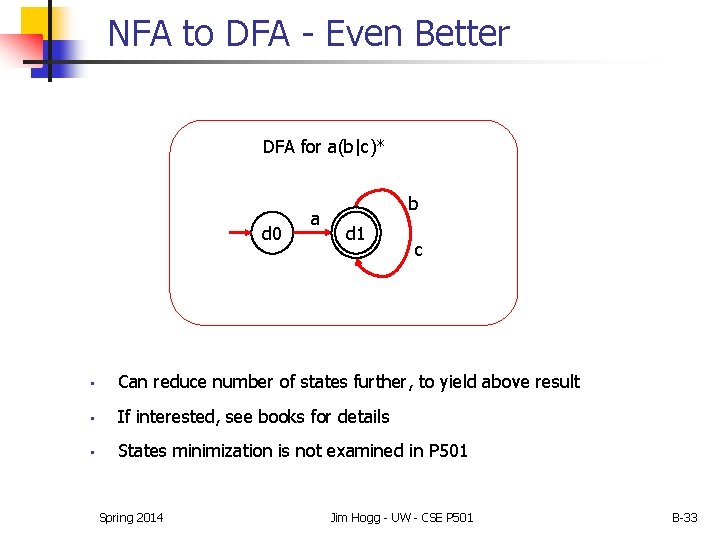 NFA to DFA - Even Better DFA for a(b|c)* d 0 a b d NFA to DFA - Even Better DFA for a(b|c)* d 0 a b d