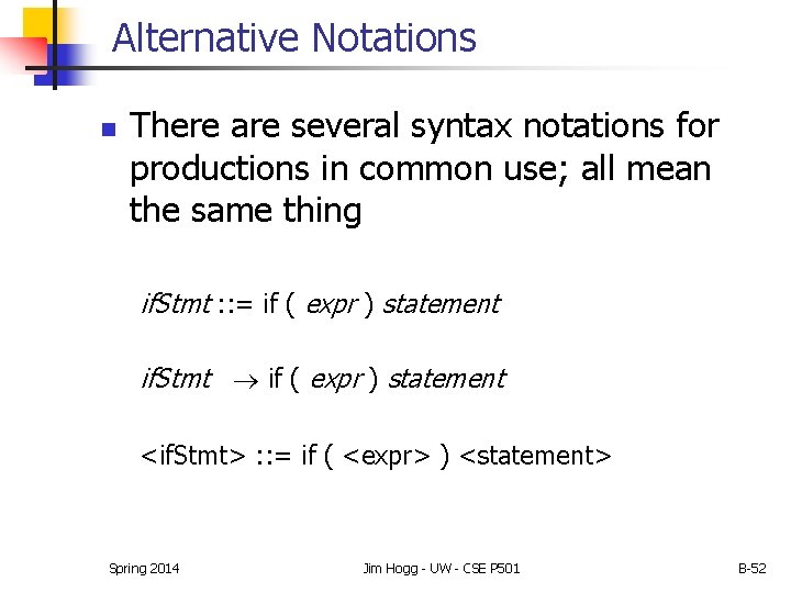 Alternative Notations n There are several syntax notations for productions in common use; all Alternative Notations n There are several syntax notations for productions in common use; all