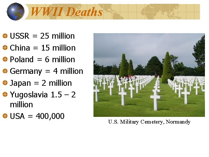 WWII Deaths USSR = 25 million China = 15 million Poland = 6 million