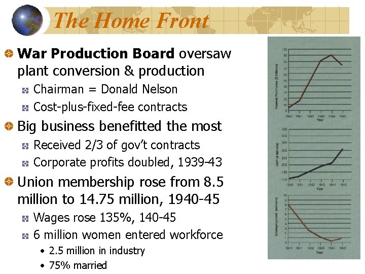 The Home Front War Production Board oversaw plant conversion & production Chairman = Donald