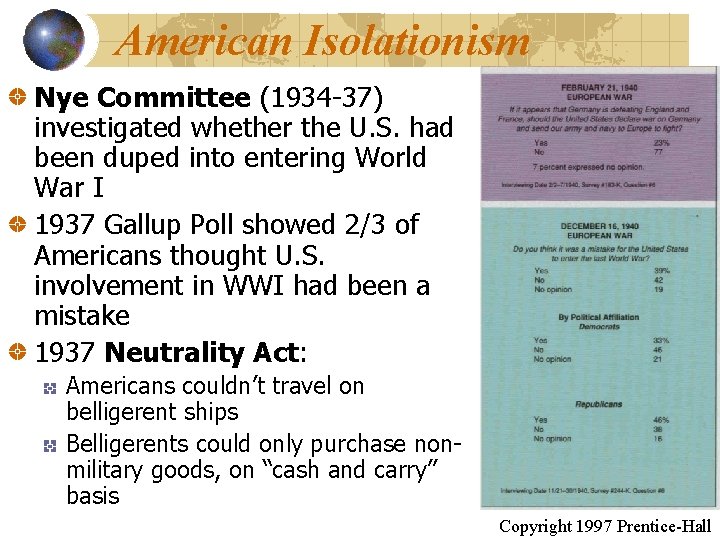 American Isolationism Nye Committee (1934 -37) investigated whether the U. S. had been duped