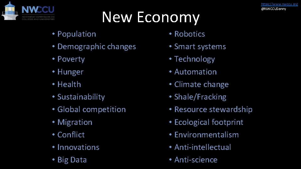 New Economy • Population • Demographic changes • Poverty • Hunger • Health •