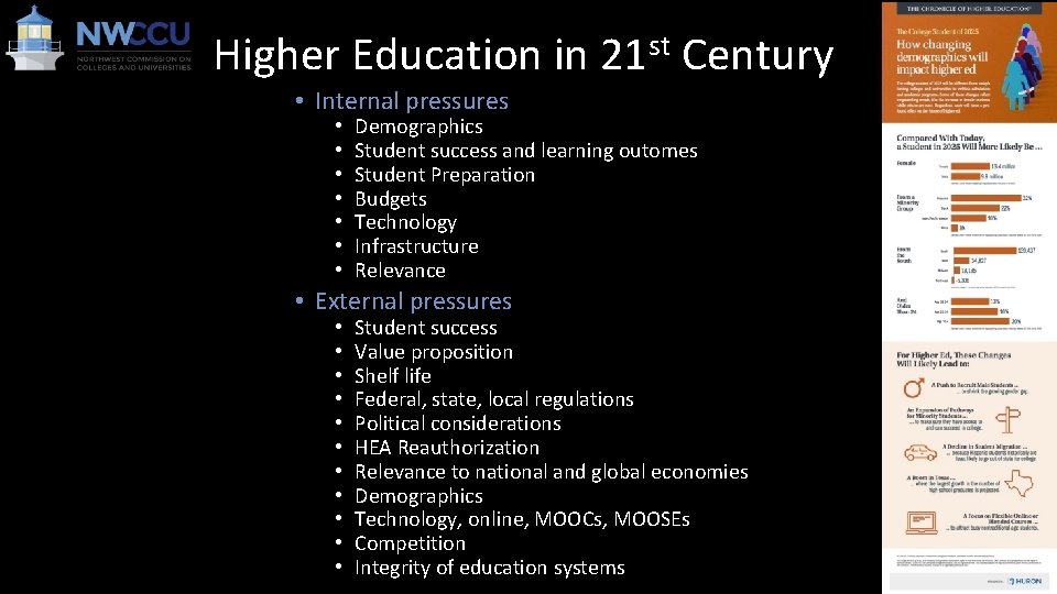 Higher Education in 21 st Century • Internal pressures • • Demographics Student success