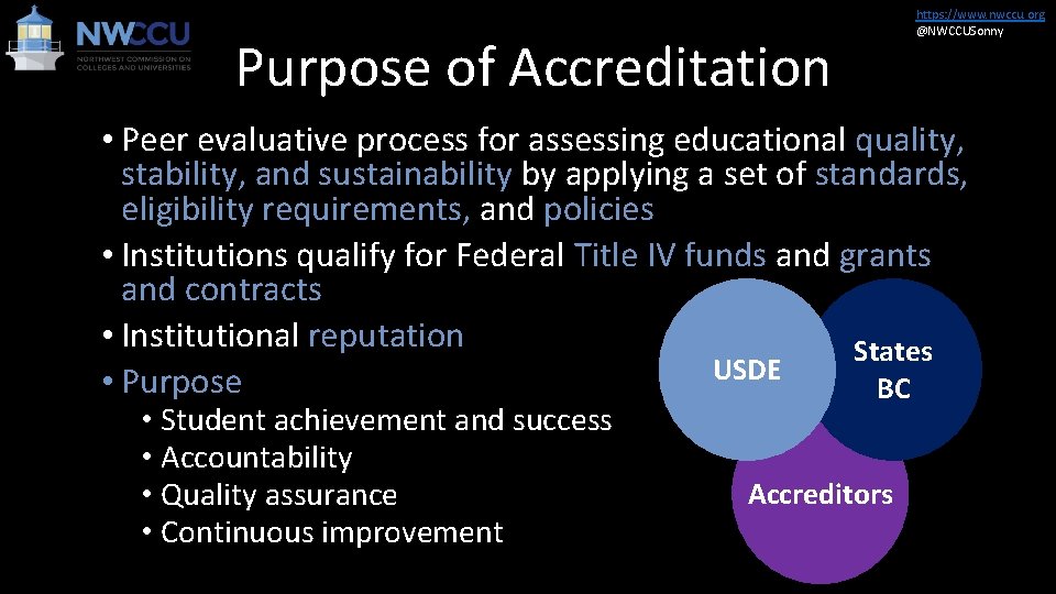 Purpose of Accreditation https: //www. nwccu. org @NWCCUSonny • Peer evaluative process for assessing