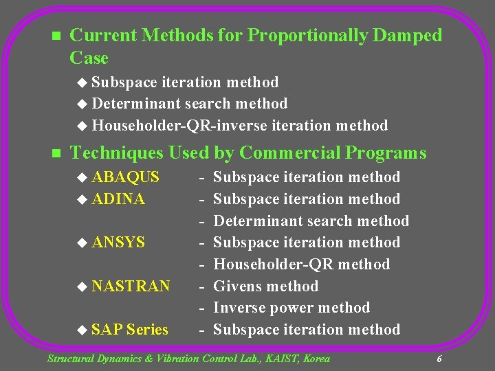 n Current Methods for Proportionally Damped Case u Subspace iteration method u Determinant search