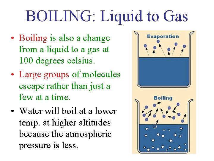 BOILING: Liquid to Gas • Boiling is also a change from a liquid to