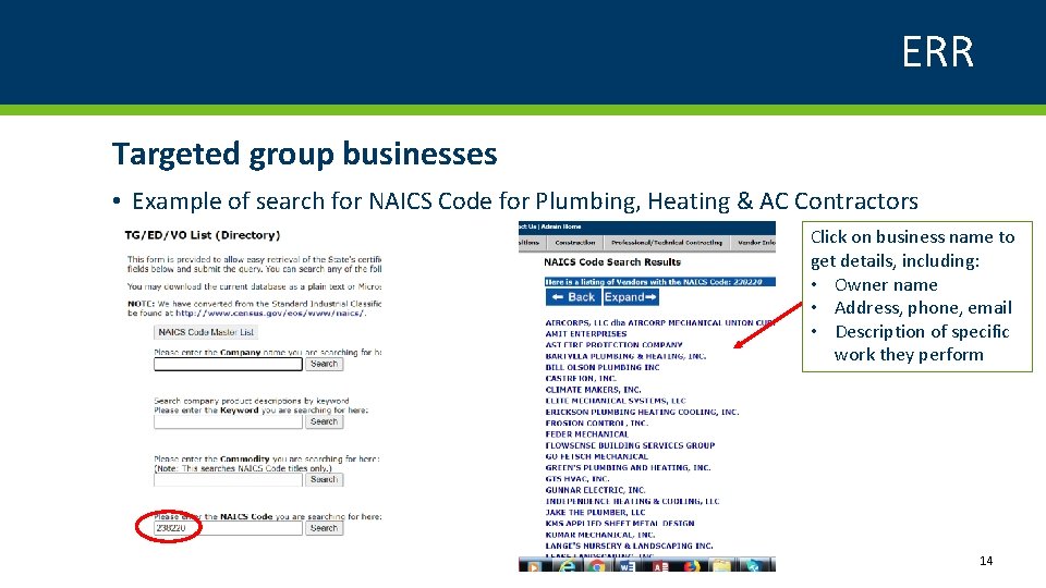 ERR Targeted group businesses • Example of search for NAICS Code for Plumbing, Heating