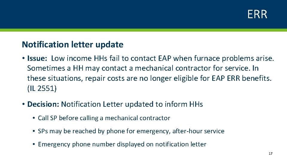 ERR Notification letter update • Issue: Low income HHs fail to contact EAP when