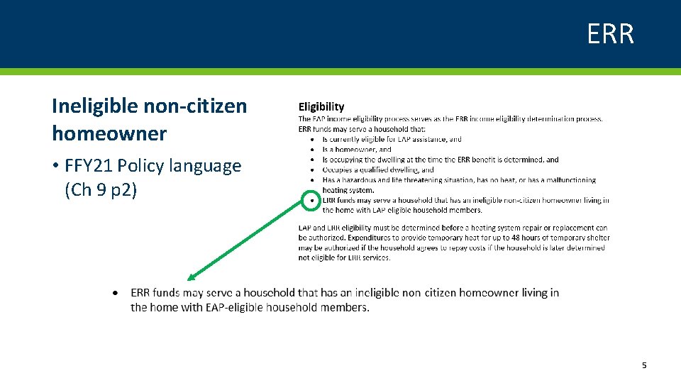 ERR Ineligible non-citizen homeowner • FFY 21 Policy language (Ch 9 p 2) 5