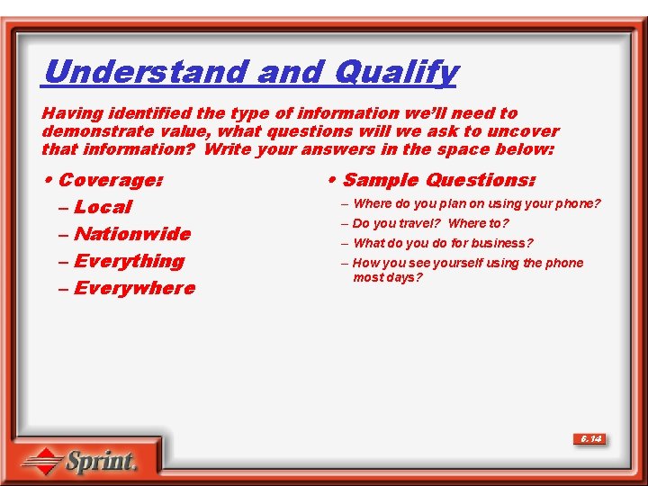 Understand Qualify Having identified the type of information we’ll need to demonstrate value, what