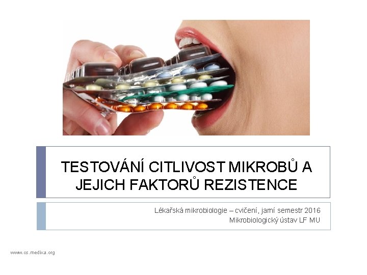 TESTOVÁNÍ CITLIVOST MIKROBŮ A JEJICH FAKTORŮ REZISTENCE Lékařská mikrobiologie – cvičení, jarní semestr 2016