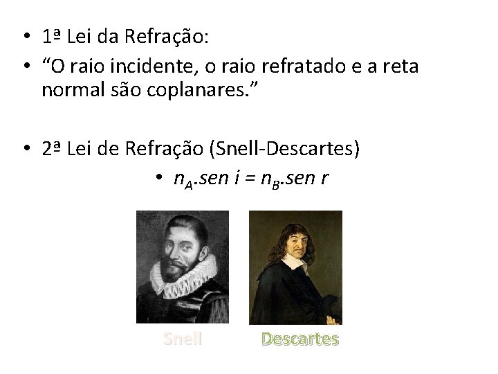  • 1ª Lei da Refração: • “O raio incidente, o raio refratado e