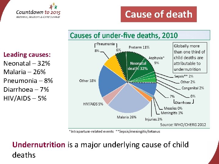 Cause of death Leading causes: Neonatal – 32% Malaria – 26% Pneumonia – 8%