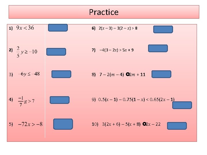 Practice 1) 6) 2(x – 3) – 3(2 – x) > 8 2) 7)