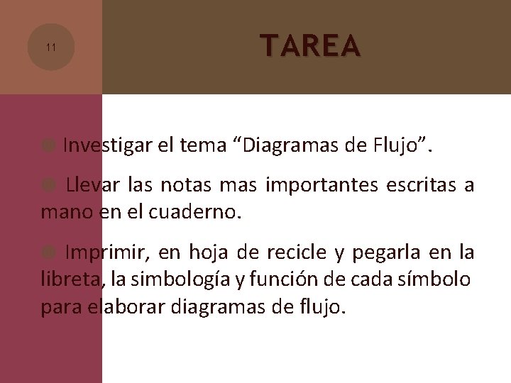 11 TAREA Investigar el tema “Diagramas de Flujo”. Llevar las notas mas importantes escritas