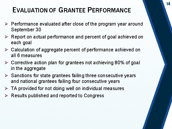 EVALUATION OF GRANTEE PERFORMANCE Ø Performance evaluated after close of the program year around