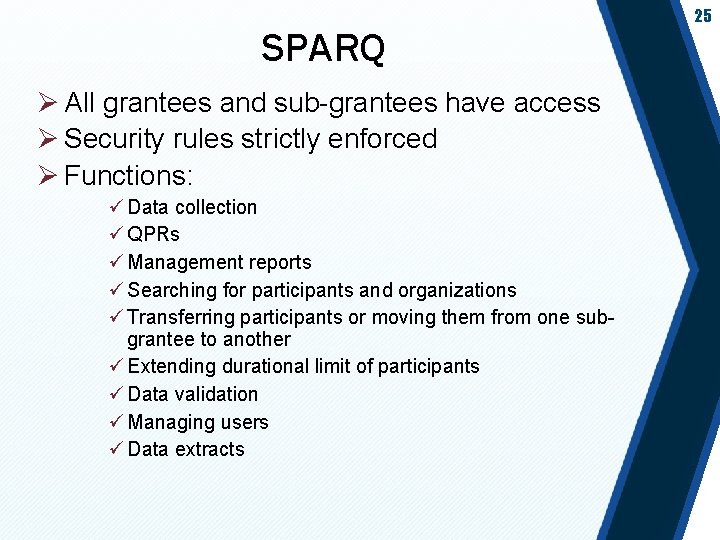 SPARQ Ø All grantees and sub-grantees have access Ø Security rules strictly enforced Ø