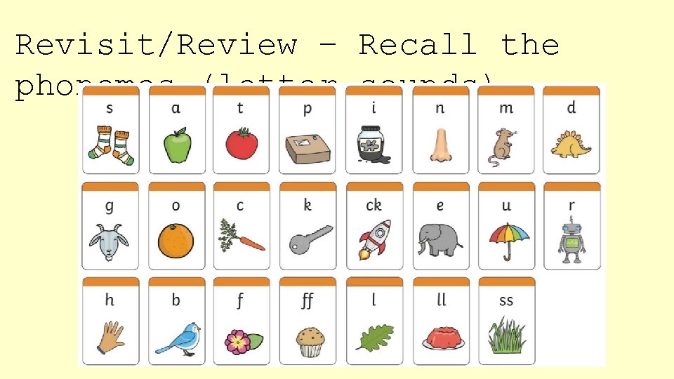 Revisit/Review – Recall the phonemes (letter sounds). 