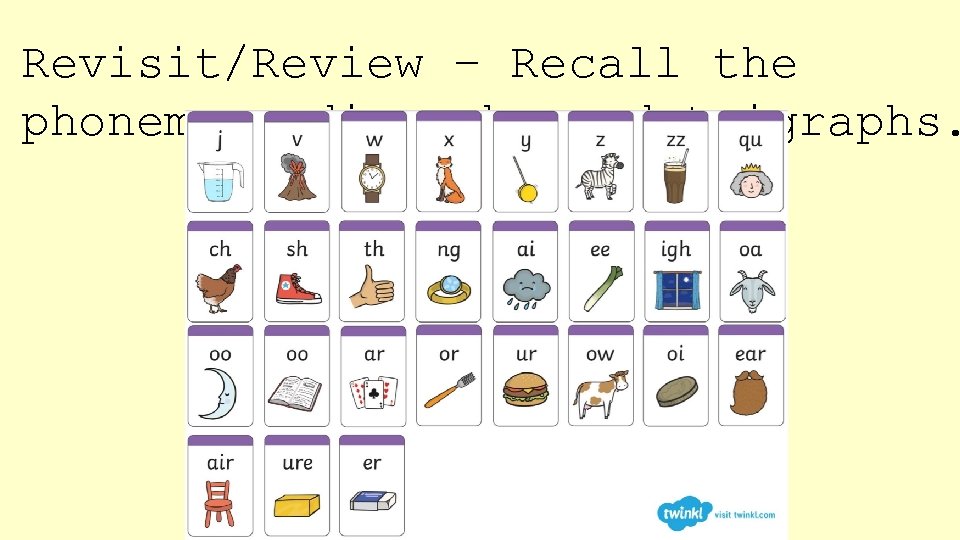 Revisit/Review – Recall the phonemes, digraphs and trigraphs. 