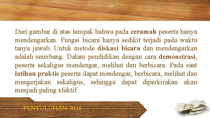 Dari gambar di atas tampak bahwa pada ceramah peserta hanya mendengarkan. Fungsi bicara hanya