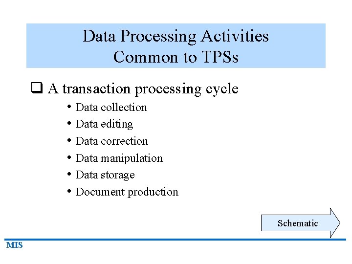 Data Processing Activities Common to TPSs q A transaction processing cycle • Data collection