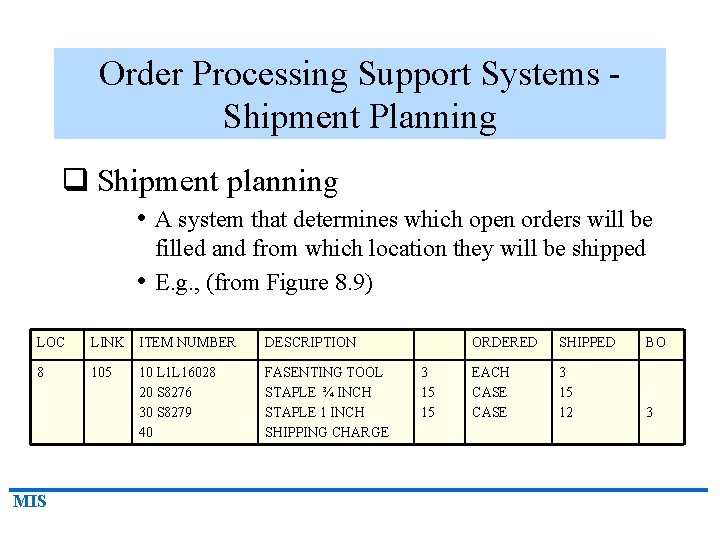 Order Processing Support Systems Shipment Planning q Shipment planning • A system that determines
