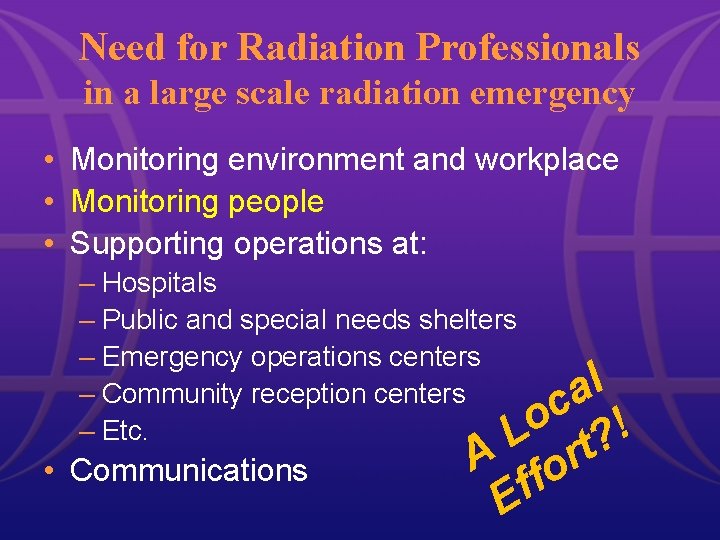 Need for Radiation Professionals in a large scale radiation emergency • Monitoring environment and Need for Radiation Professionals in a large scale radiation emergency • Monitoring environment and