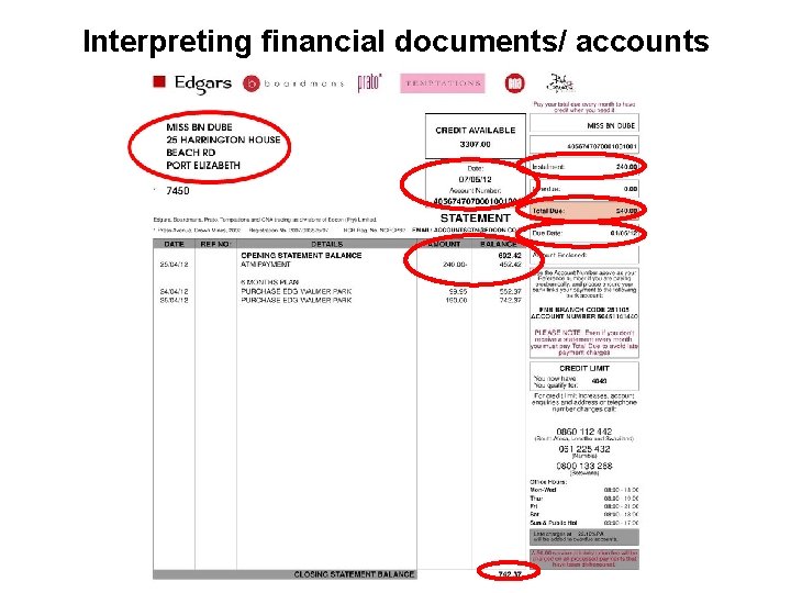 Interpreting financial documents/ accounts 