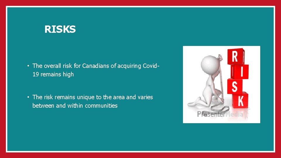 RISKS • The overall risk for Canadians of acquiring Covid 19 remains high •